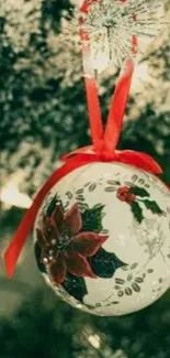 Elegant Christmas bauble on tree with red ribbon detail.