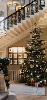 Grand staircase with Christmas decorations and tree.