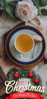 Christmas teacup with floral decorations.