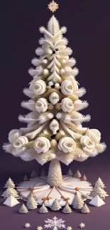 Artistic Christmas tree with elegant decor and dark background.