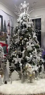 Elegant Christmas tree with silver and white decorations in cozy living room.