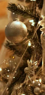 Elegant Christmas tree with silver decorations and warm lighting.