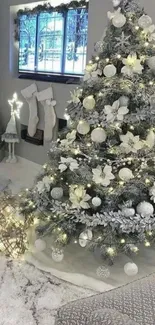 Elegant Christmas tree with white decorations and warm lights.