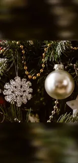 Beautifully decorated Christmas tree with gold ornaments and festive charm.