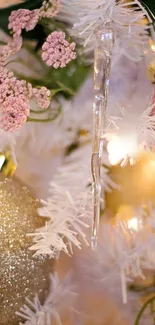 Christmas tree with pink and gold ornaments and white branches.