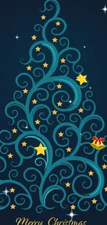 Elegant Christmas tree with teal swirls and golden stars on dark background.