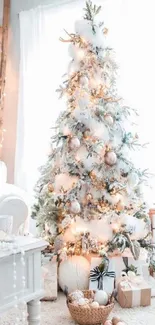 Elegant frosted Christmas tree with warm lights and gifts underneath.