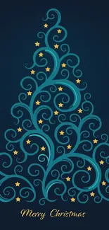 Elegant Christmas tree with teal swirls and stars on dark blue background.