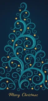 Elegant Christmas tree design with blue swirls and stars on dark background.