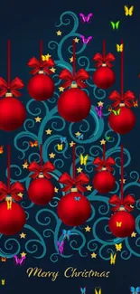 Stylish Christmas tree with red ornaments on a dark blue background.