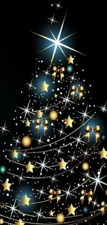 Elegant Christmas tree wallpaper with stars and golden ornaments on a dark background.