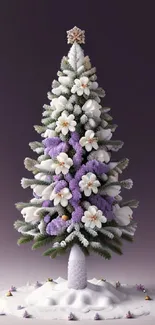 Elegant Christmas tree with white and purple ornaments on a snowy base.