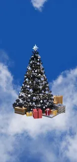 Black Christmas tree with gifts in blue sky.