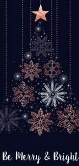 Dark Christmas tree wallpaper with snowflakes and star.