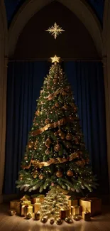 Elegant Christmas tree adorned with gold decorations and star topper.