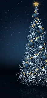 Elegant Christmas tree with starry decorations on a dark blue background.