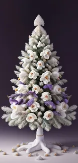 Elegant Christmas tree with white roses and purple hues on a snowy background.