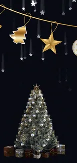 Elegant Christmas tree with gold and star decorations on a dark backdrop.