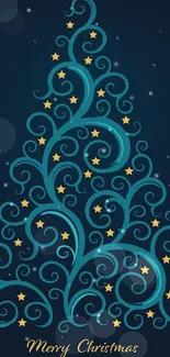 Teal and gold Christmas tree wallpaper with elegant swirls.