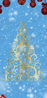 Elegant gold Christmas tree with snowflakes on blue background.