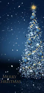 Elegant blue and gold Christmas tree wallpaper with starry background.