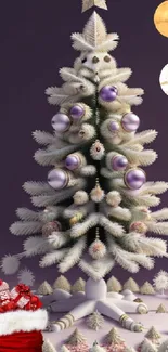 Elegant white Christmas tree with purple baubles in a festive setting.