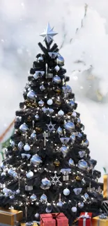 Elegant black Christmas tree with gifts and silver ornaments.