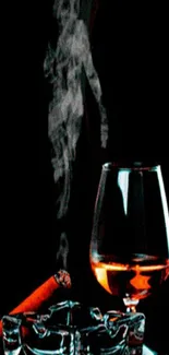 Cigar, whiskey glass, and smoke on dark background.