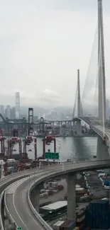 Stunning city bridge over urban landscape with high-rise buildings and highway.