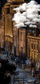 Elegant night view of historic buildings in a vibrant cityscape.