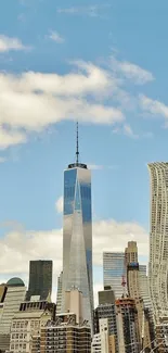 An elegant city skyline with skyscrapers and a blue sky.