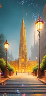 Scenic cityscape with glowing streetlights and towering architecture at dusk.