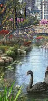 Black swans in a cityscape by a river with greenery.