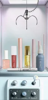 Elegant claw machine with beauty products on display.