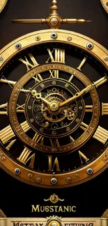 Elegant clock gear wallpaper with gold details and Roman numerals.