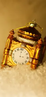 Golden vintage clock with Roman numerals on a snowy background.