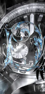 Elegant clock wallpaper with intricate blue design on silver background.