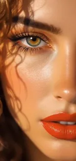 Close-up portrait of a woman with curly hair and orange lips.