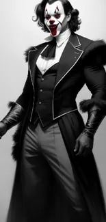 Elegant clown in black and white attire with a mysterious aura.