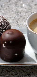 Coffee cup with chocolates on a white plate.