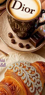 Elegant coffee cup and croissant with artistic design.