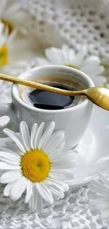 Mobile wallpaper of coffee cup with daisies on white background.