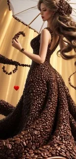 Woman in a coffee bean dress with golden background