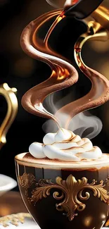 Elegant coffee cup with gold design and steam.