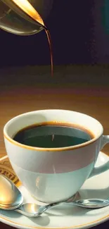 Elegant coffee pouring into a white cup with spoon on saucer.