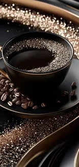 Elegant coffee cup with shimmering details on black background.