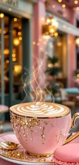 Chic pink coffee cup with steaming latte art in a stylish cafe setting.