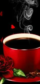 Red coffee cup with steam and rose on black background.