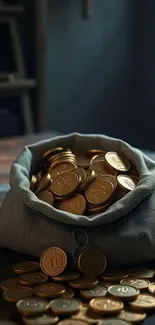 Burlap sack filled with golden coins on table.