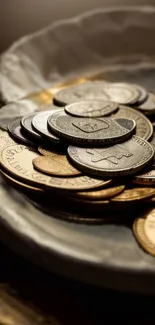 Stack of coins artistically arranged on a textured plate.